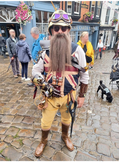 Picture of a Steampunk Guy wearing a fake Beard and Moustache